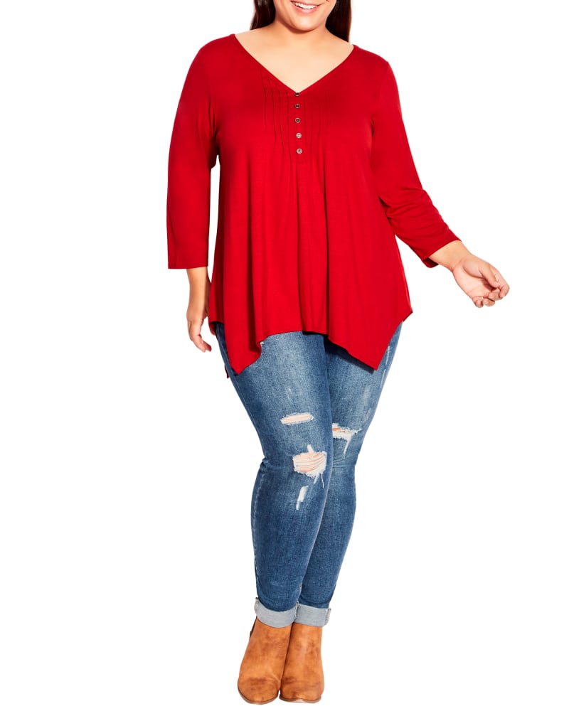 Front of a model wearing a size 14 Valeria Top in Red by avenue. | dia_product_style_image_id:234197